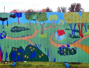 A fragment of the fence murals surrounding metro construction zone