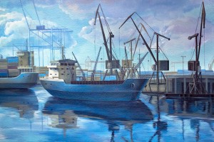 mural painting with a container boat