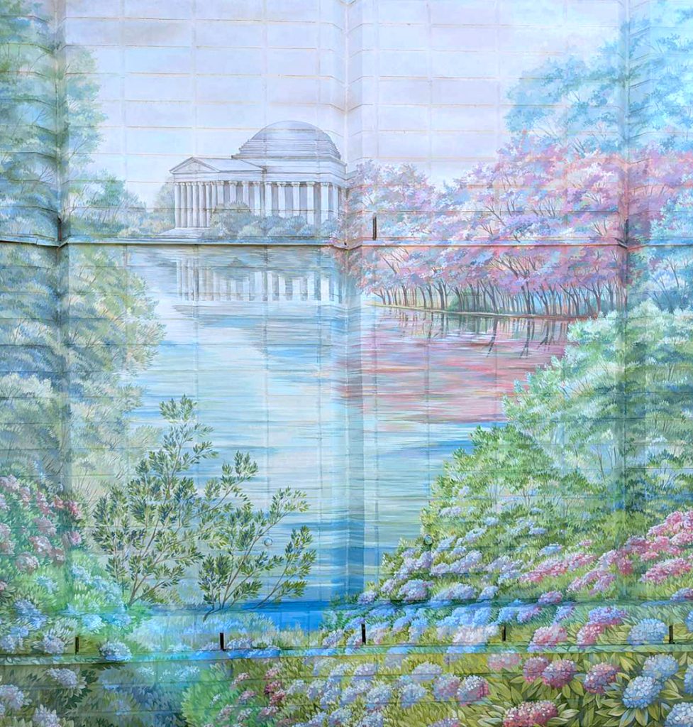 rooftop-balcony-mural-jefferson-building-detail Detail of Jefferson Building reflected in pond in Washington DC rooftop mural