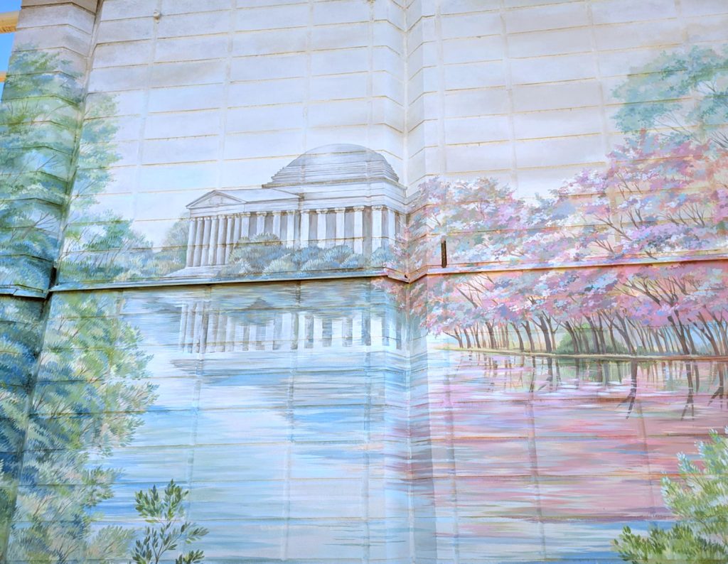 rooftop-balcony-mural-jefferson-building-detail Detail of Jefferson Building reflected in pond in Washington DC rooftop mural