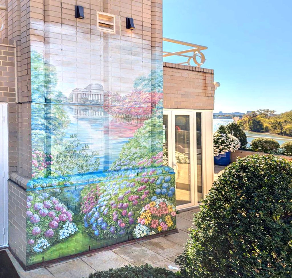 Rooftop balcony mural in Washington DC featuring Jefferson Building landscape blending with terrace garden by Yulia Avgustinovich