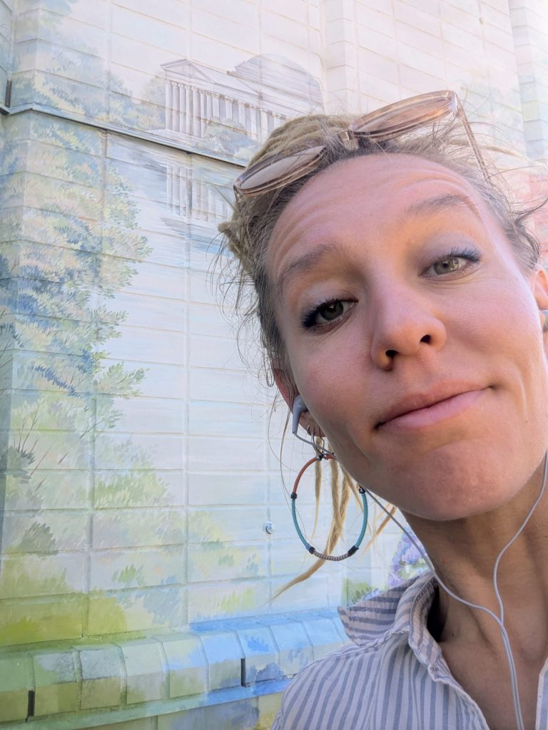 rooftop-balcony-mural-process-washington-dc-yulia-avgustinovich Artist Yulia AVgustinovich painting rooftop balcony mural at private residence in Washington DC