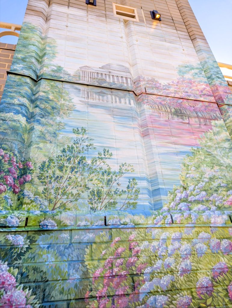 rooftop-balcony-mural-jefferson-building-detail Detail of Jefferson Building reflected in pond in Washington DC rooftop mural