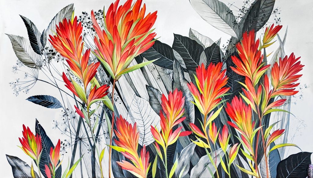 Mural of Indian paintbrush flowers in red and orange tones, inspired by Wyoming wildflowers, created for a senior living community in Jackson, Wyoming.