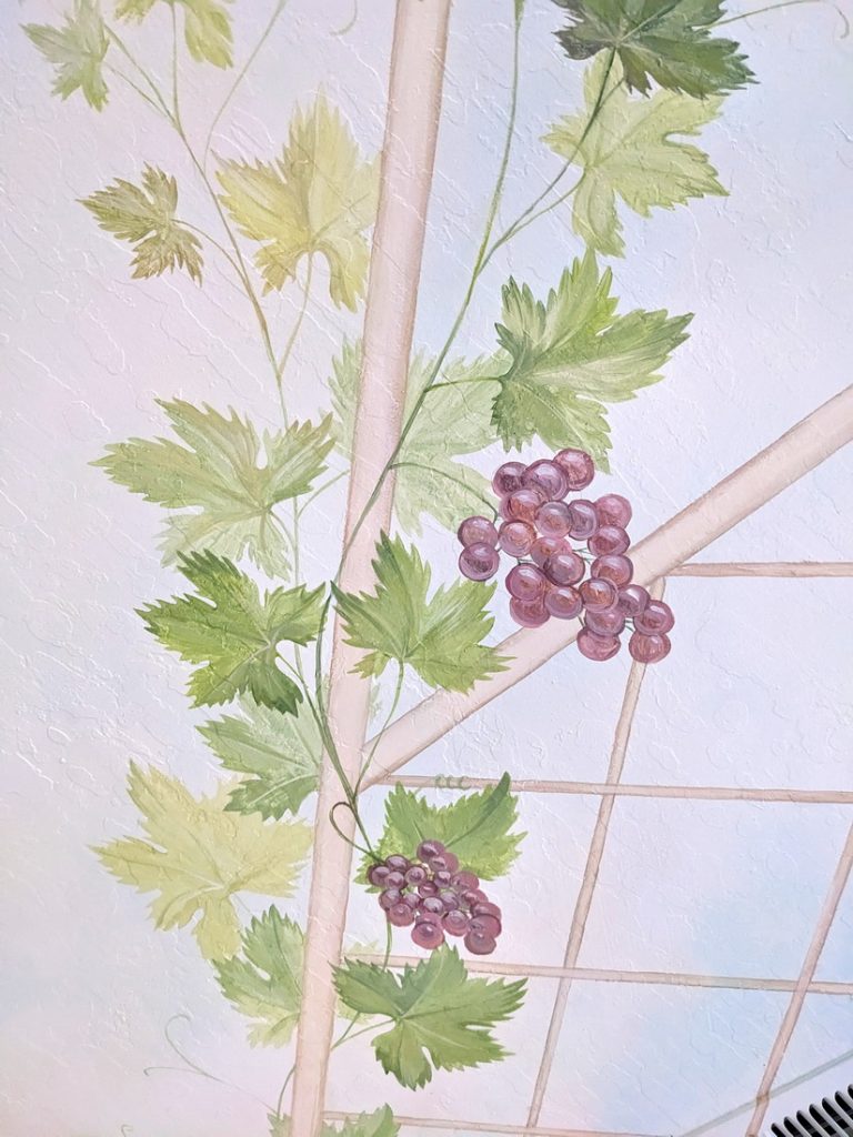 mediterranean-kitchen-mural-grapevine-detail Detail of grapevine and grapes trellis and sky ceiling in Mediterranean kitchen mural