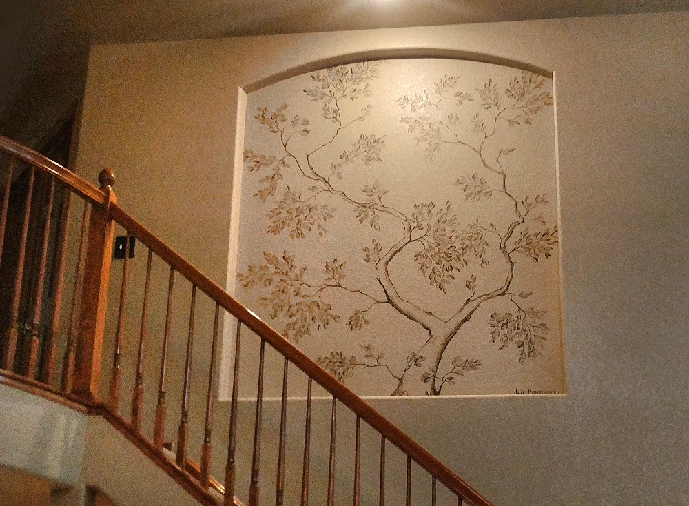 monochrome-tree-mural-golden-co-entryway-yulia-avgustinovich Monochrome tree mural above staircase in private residence entryway in Golden, Colorado