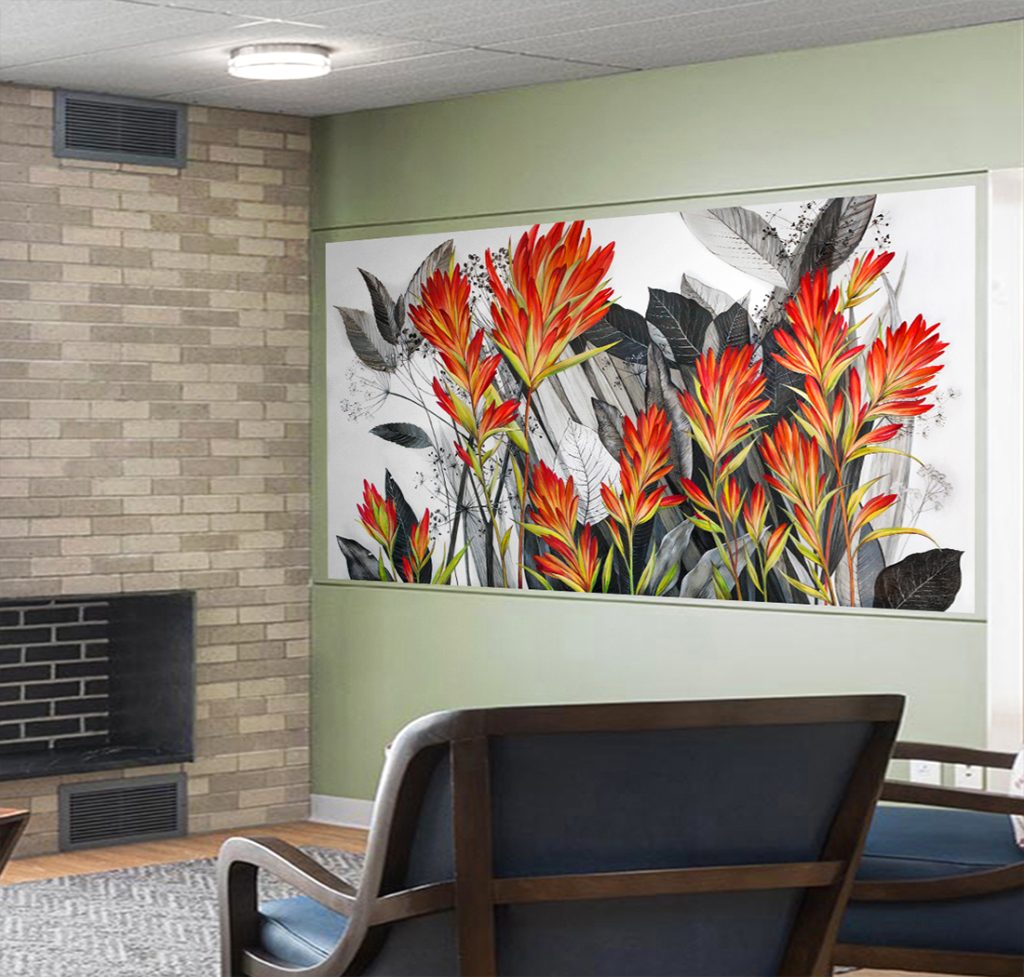 Mural of Indian paintbrush flowers in red and orange tones, inspired by Wyoming wildflowers, created for a senior living community in Jackson, Wyoming.