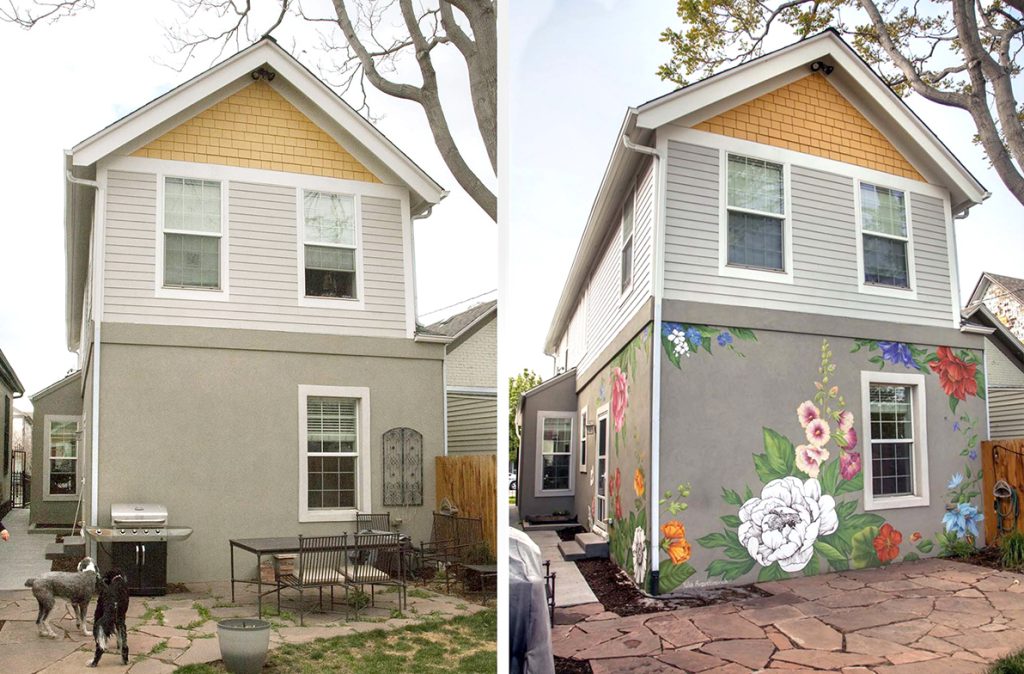Floral mural on the exterior of a private residence in Denver’s RiNo district, combining realistic flowers with black-and-white etched elements. Before and after view.