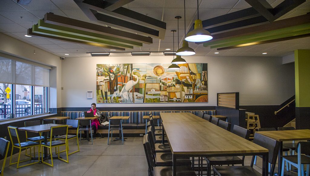 auroras-beauty-interior-mural-kroger-aurora-co-2019 Interior mural titled “Aurora’s Beauty” in a Kroger supermarket in Aurora, Colorado, featuring city landmarks, parks, and local flora and fauna.