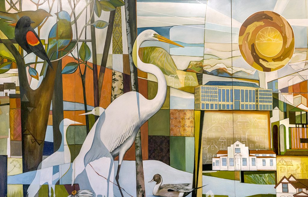 auroras-beauty-mural-detail-landmarks-flora-fauna Close-up detail of an interior mural showing Aurora landmarks, plants, and wildlife painted in a cohesive panoramic composition.