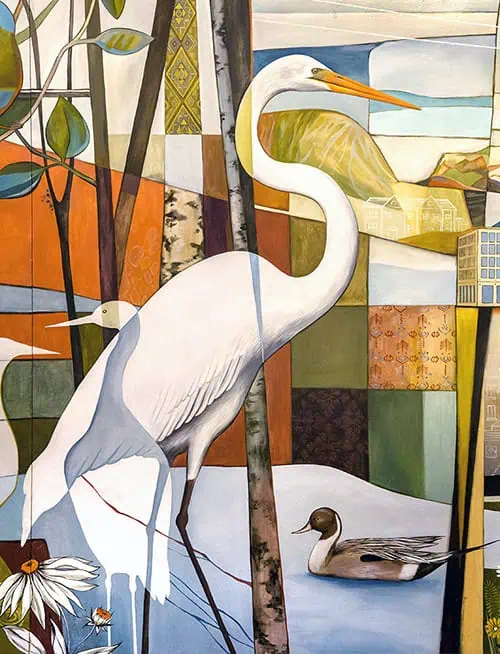 Close-up detail of an interior mural showing Aurora landmarks, plants, and wildlife painted in a cohesive panoramic composition.