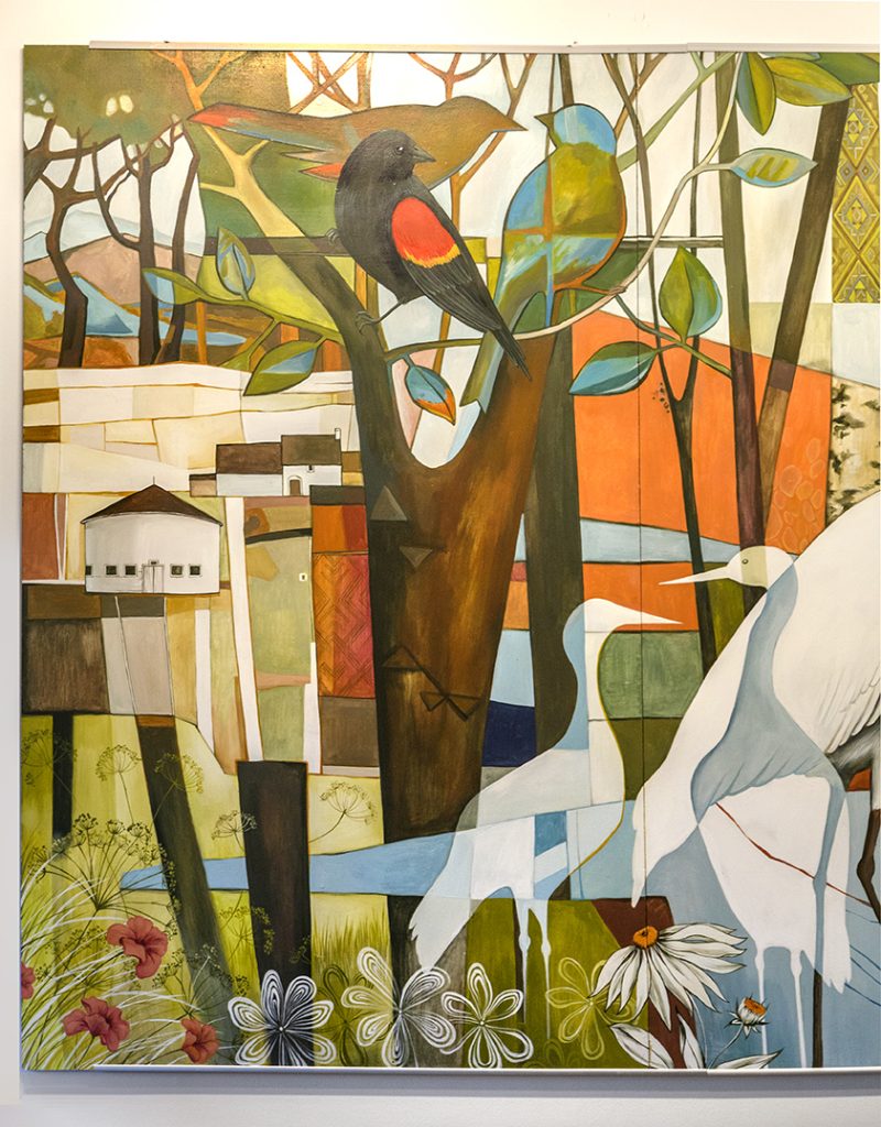 auroras-beauty-mural-detail-landmarks-flora-fauna Close-up detail of an interior mural showing Aurora landmarks, plants, and wildlife painted in a cohesive panoramic composition.