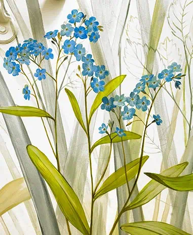 Floral mural in a Manhattan office building staircase connecting the workspace to a rooftop terrace, created for Westcap COI featuring wild briar roses on the door.