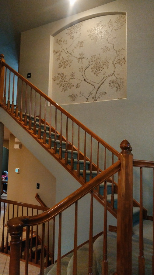 monochrome-tree-mural-golden-co-entryway-wide Monochrome tree mural above staircase in private residence entryway in Golden, Colorado