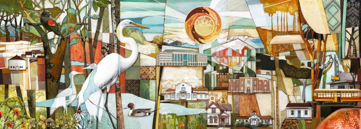 Interior mural titled “Aurora’s Beauty” in a Kroger supermarket in Aurora, Colorado, featuring city landmarks, parks, and local flora and fauna.