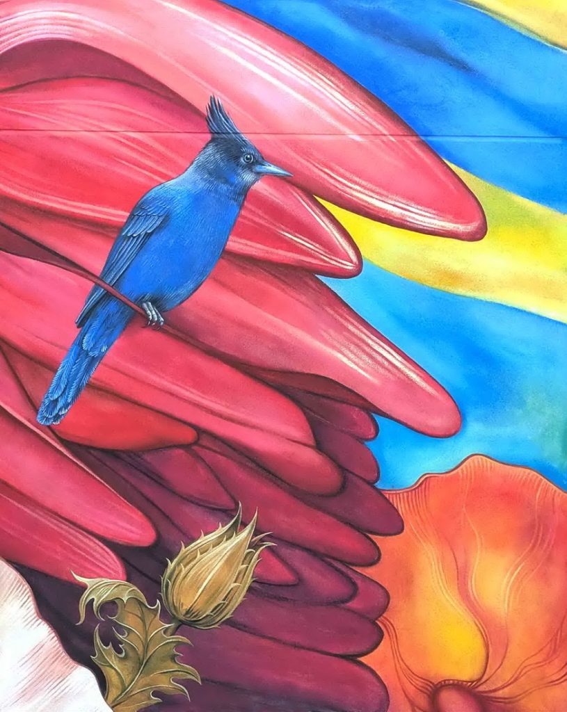 Detail of public art mural at Space to Create in Ridgway, CO with mountain blue bird.