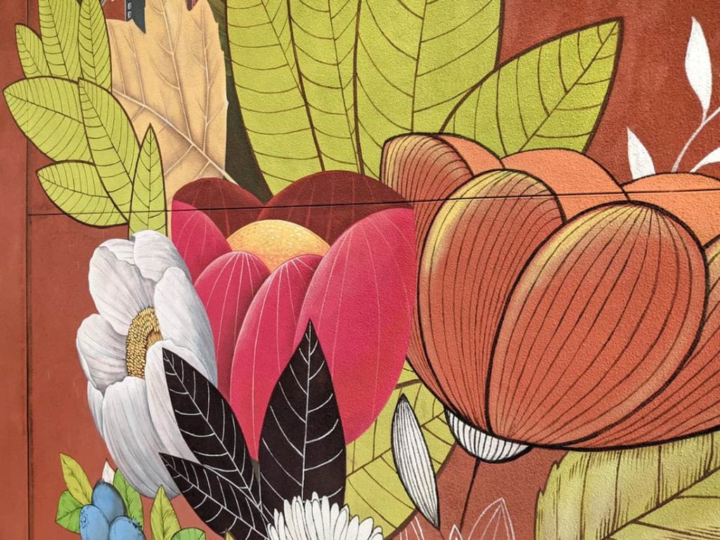 Detail of Idaho state symbols in symbolic mural in Boise