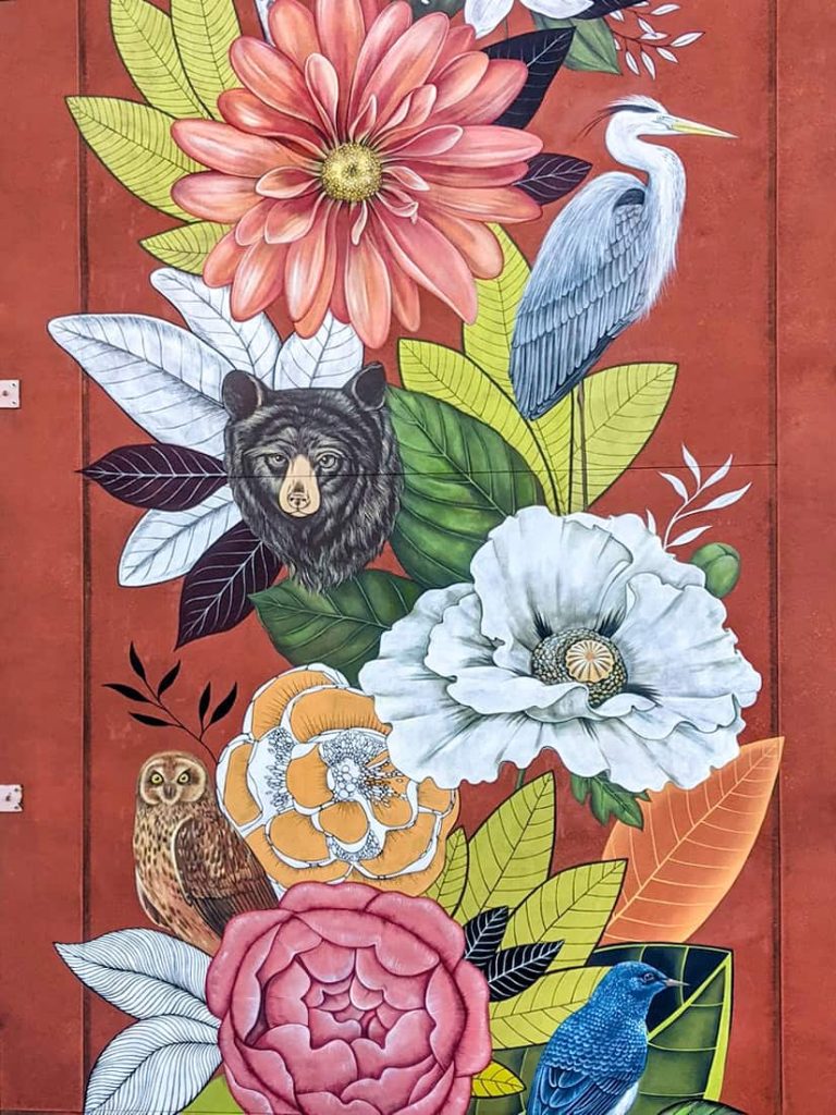 Detail of Idaho state symbols in symbolic mural in Boise