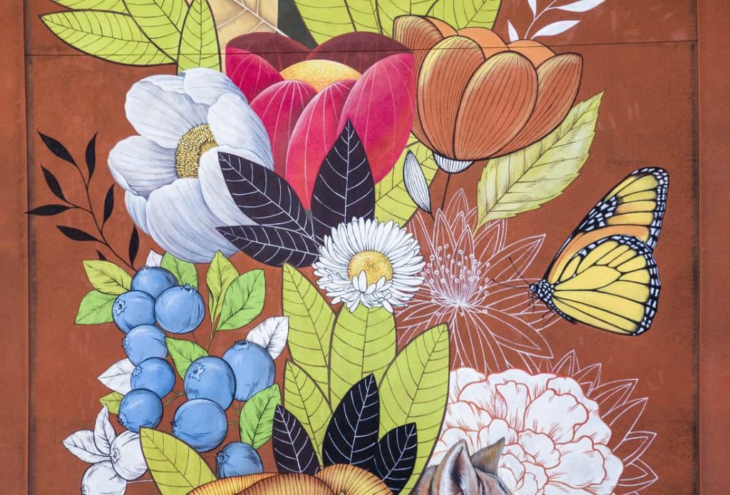 Detail of Idaho state symbols in symbolic mural in Boise