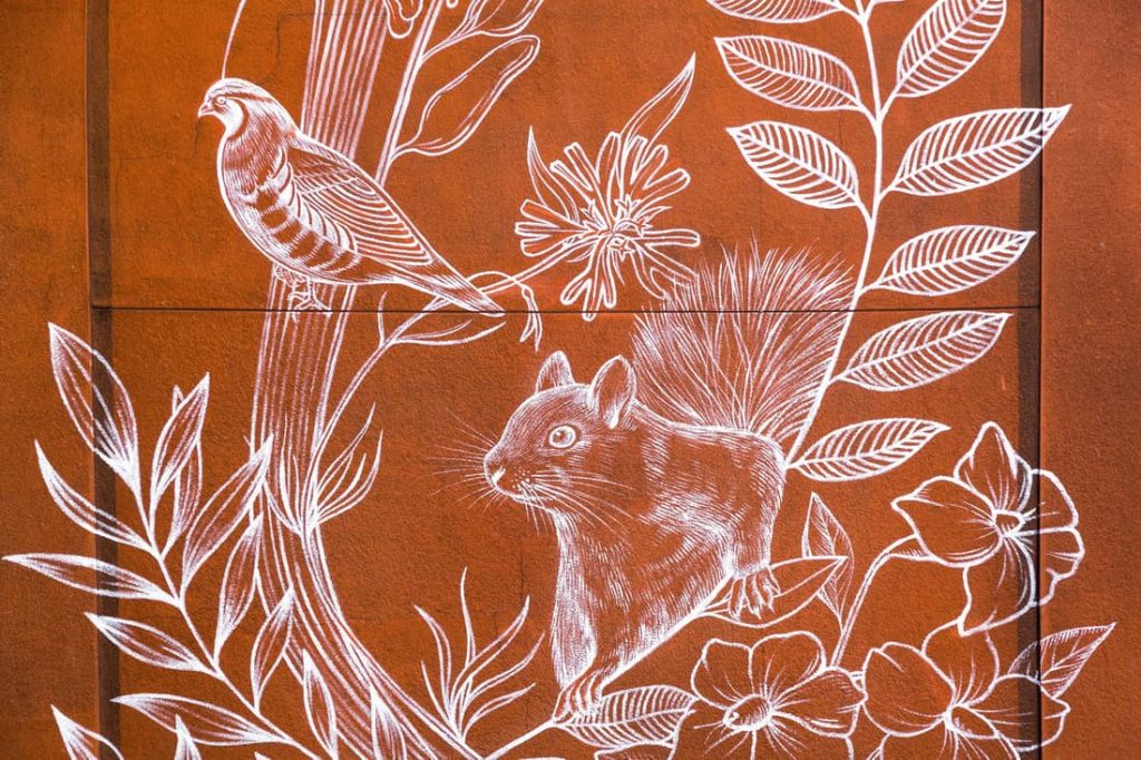 Close-up detail featuring Idaho’s mountain bluebird, syringa flowers, and Sawtooth Mountains.