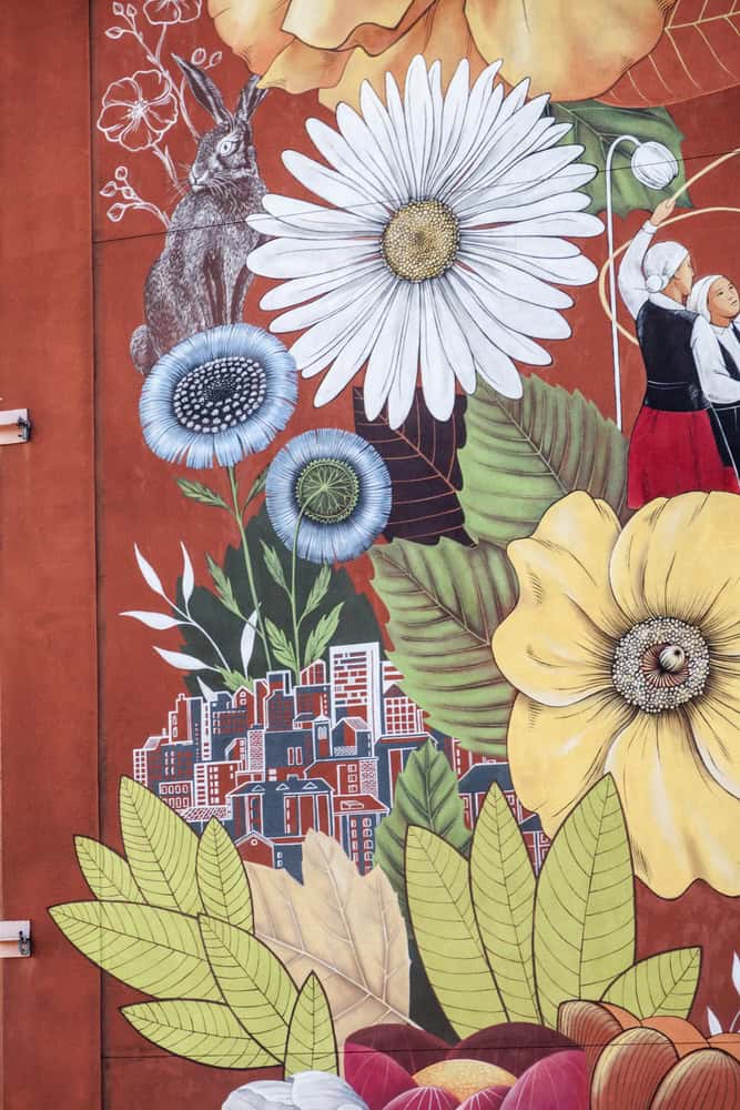 Detail of Idaho state symbols in symbolic mural in Boise